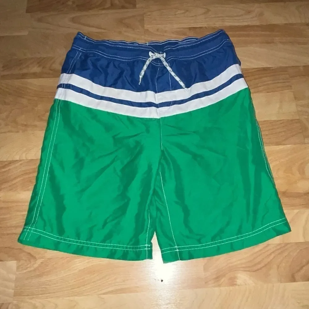 Lands' End Blue & Green Striped Swimsuit Board Shorts